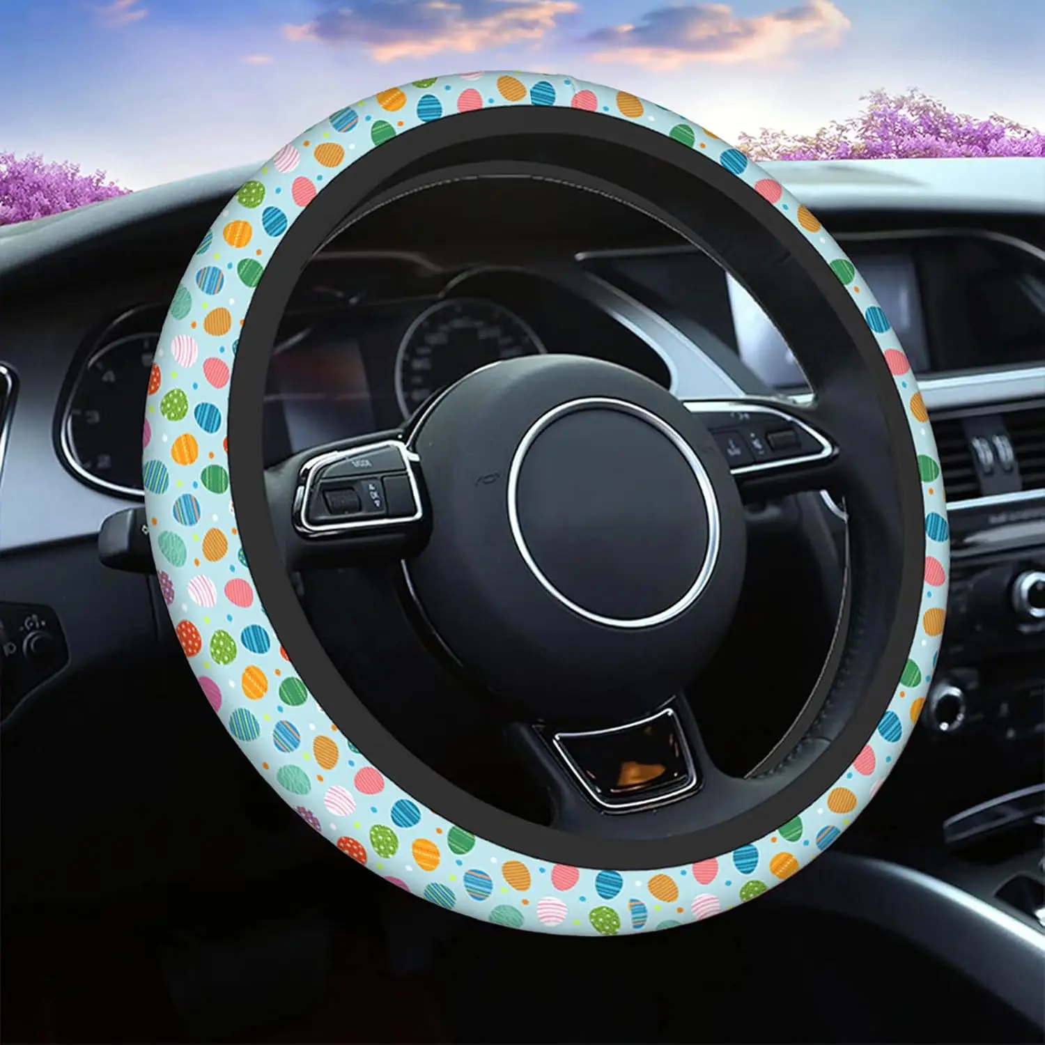 Easter Eggs Steering Wheel Cover, Colorful Easter Eggs Breathable Auto Car Steering Wheel Cushion Case for Men Universal 1