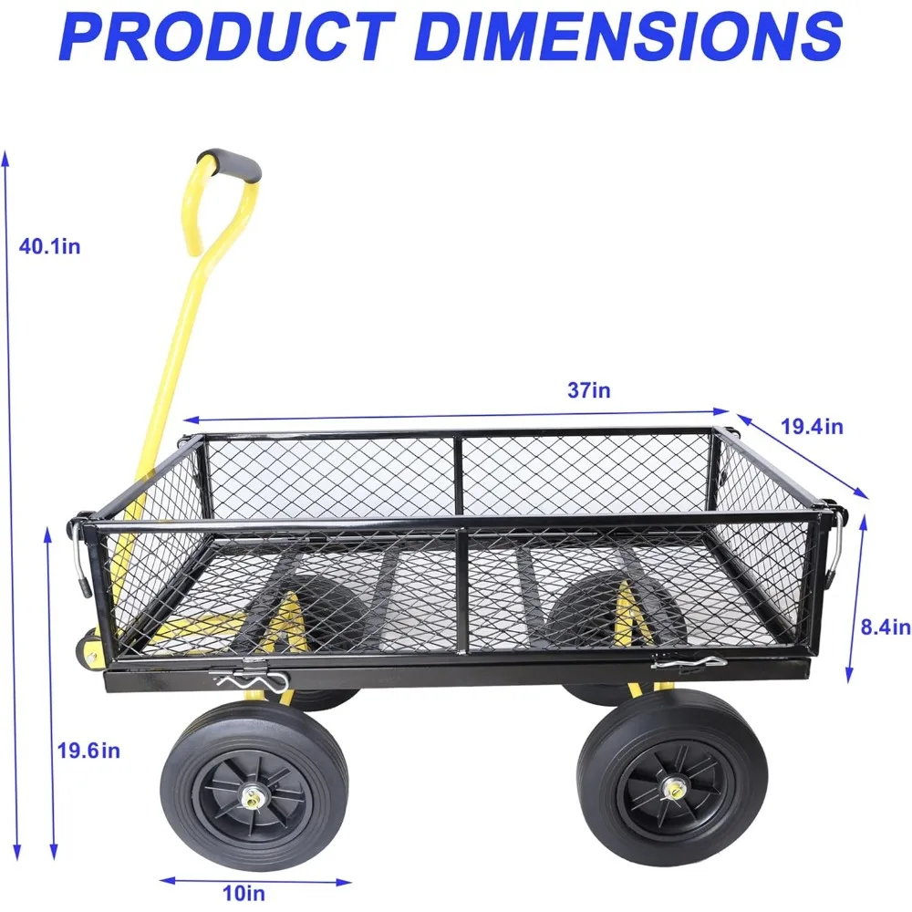 Farm and Garden Utility Wagon - Removable Sides, Heavy-Duty Dump Cart with Yellow and Black Wheels