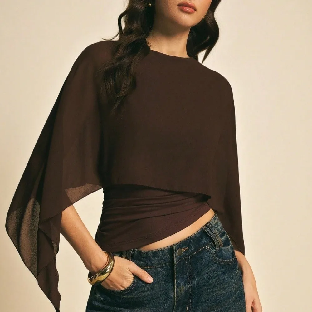 Round Neck Cape Sleeve Top Ruched Waist Open Front Irregular T-Shirt Slim Fit Sheer Fabric False Two-Piece Tops Casual Daily