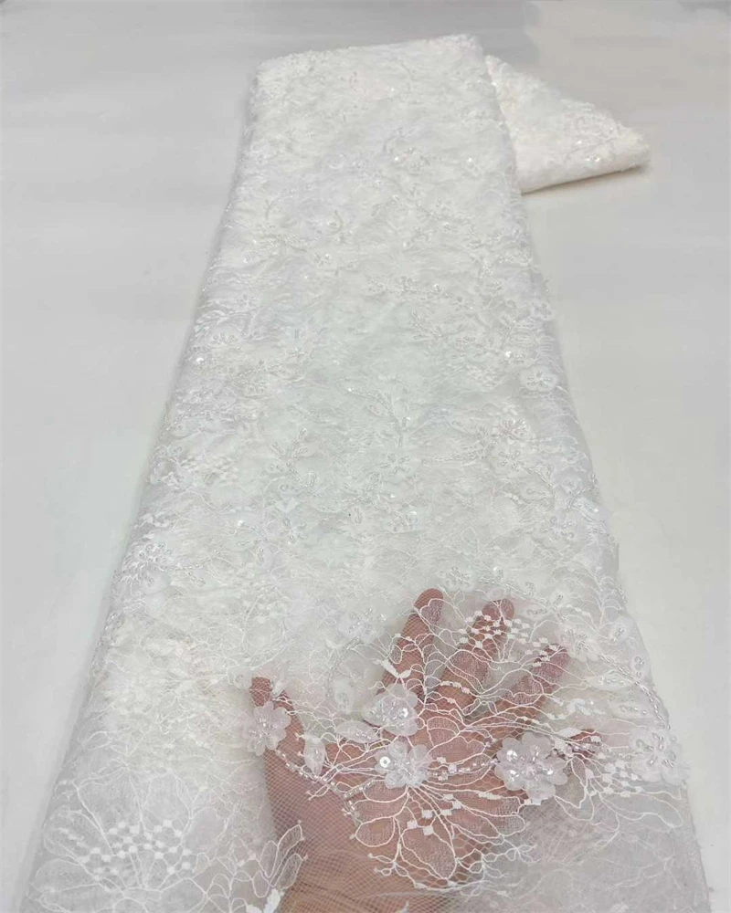 

5 Yards Tulle Net African Lace Fabric Bead Lace 2025 High Quality Black Nigeria Sequin Fabrics for Wedding Evening Dress Sewing