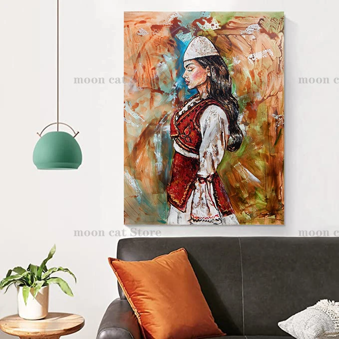 Traditional Costume Albanian Woman Canvas Oil Painting Graffiti Girl Portrait Poster Wall Art Pictures Room Home Decor