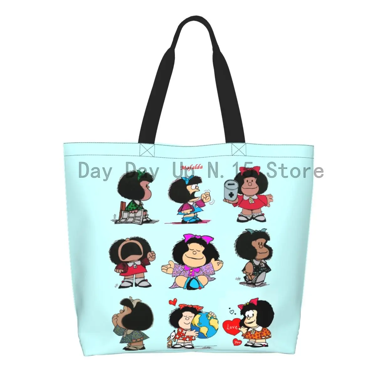 Cute Mafalda Meme Groceries Shopping Bags Kawaii Printed Canvas Shopper Shoulder Tote Bags Large Capacity Durable Quino Handbag