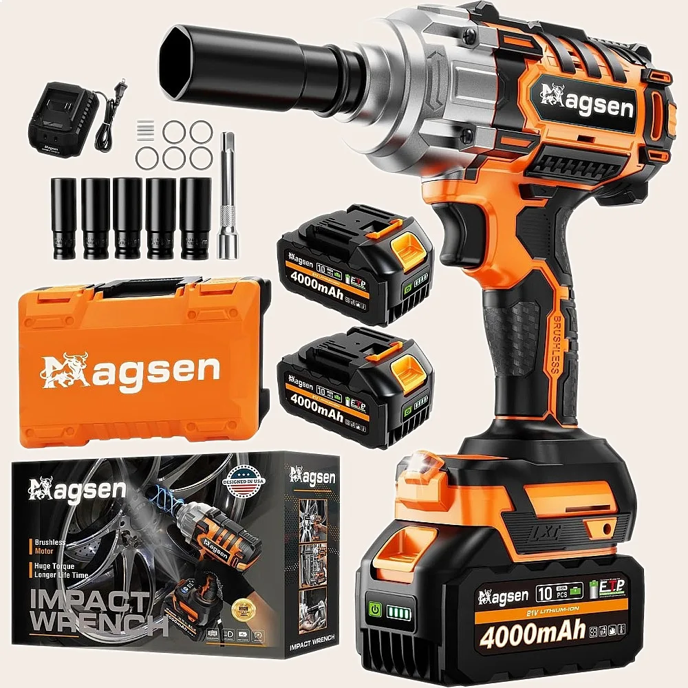 1/2 Inch Cordless Impact Wrench 900Ft-lbs Brushless High Torque 3800RPM with 2 Batteries & Sockets