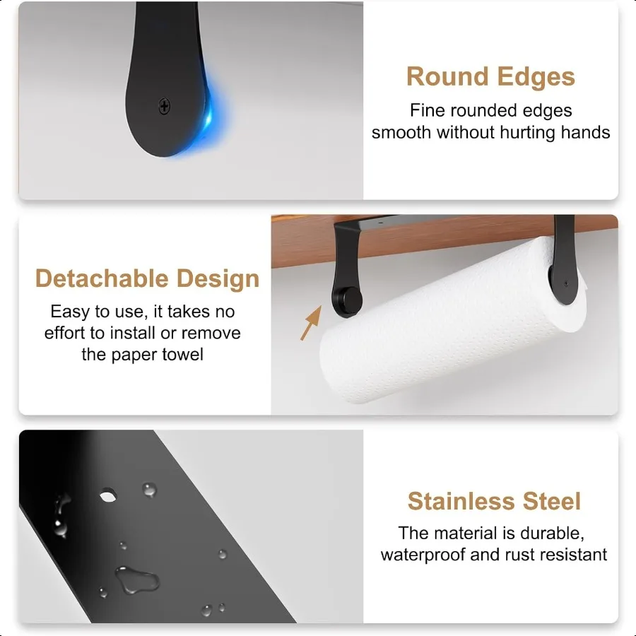 Porta asciugamani di carta sotto l'armadio Porta asciugamani di carta per montaggio a parete in acciaio inossidabile nero per adesivo o viti da cucina e bagno