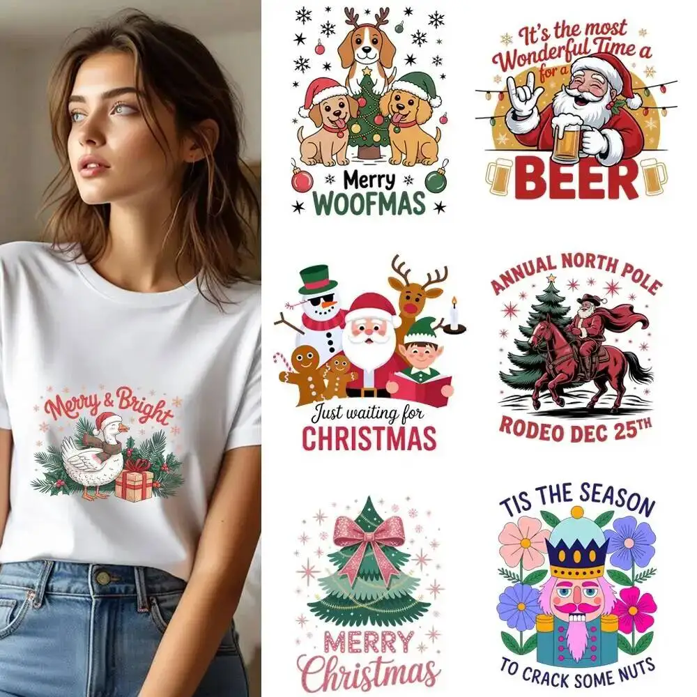 25CM Christmas Theme Dog Cat Bow Snowman Heat Transfer Patches For Clothes DIY A-Level Washable Shirt Iron-on Thermal Sticker