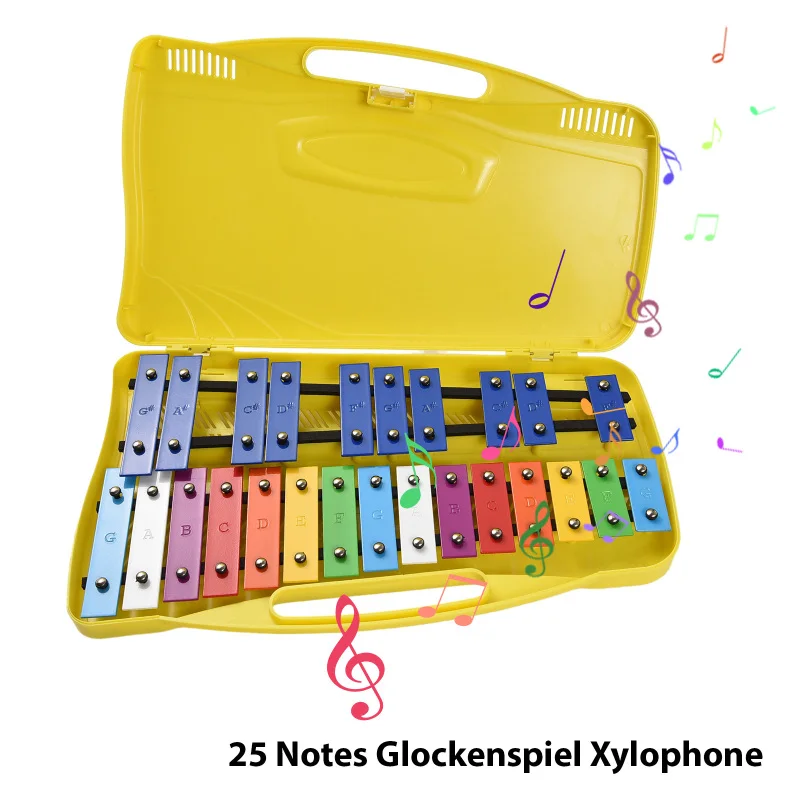 25 Notes Glockenspiel Xylophone Colorful Metal Keys Percussion Musical Instrument with 2 Mallets Handheld Case Gift for Beginner