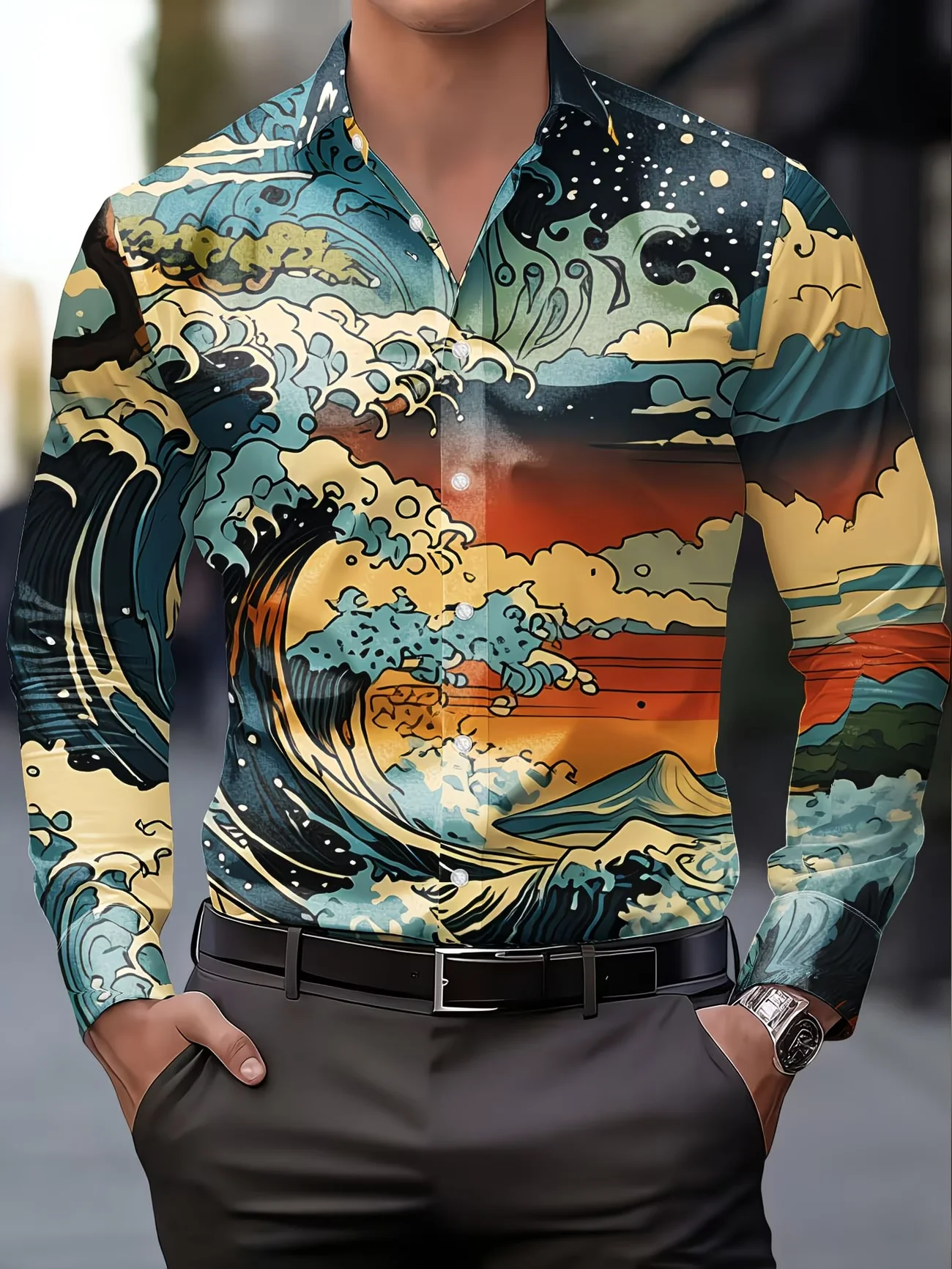 New Colorful Starry Sky Skull Printed Men's Long Sleeve Shirt Personalized Trendy Brand Style Casual Flower Shirt
