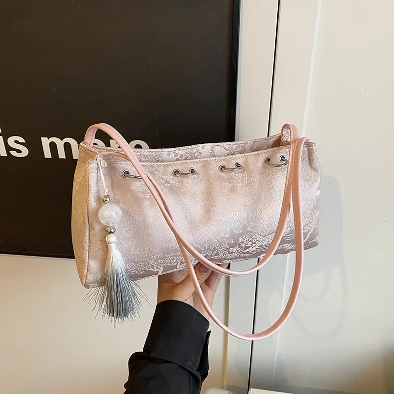 

2025 Spring Trendy Underarm Bag Chinese Inspired Embroidered Square Purse Minimalist Shoulder Bag for Women