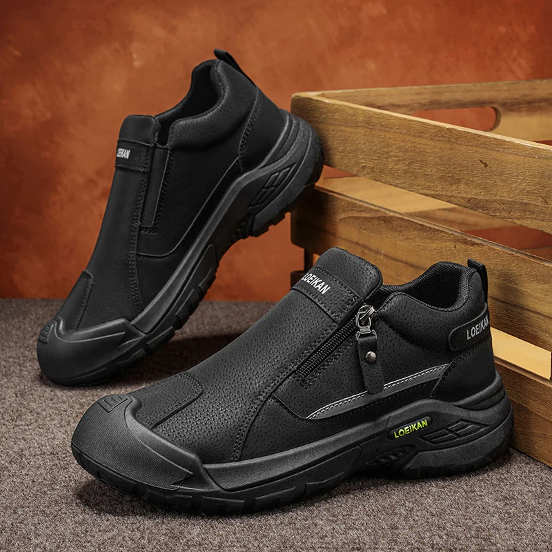 Men's Wide Fit Side Zip Work Sneakers, Anti-Collision Thick Sole Slip-On Shoes for Outdoor & Daily Commute