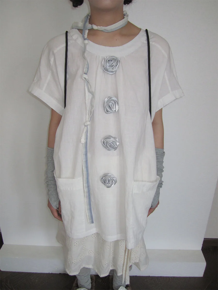 

onths Summer Casual Sle Women's Loose Fit ort Sve irt Rose Flower Button Decoration 3D Trimmed Cotton Linen Blend