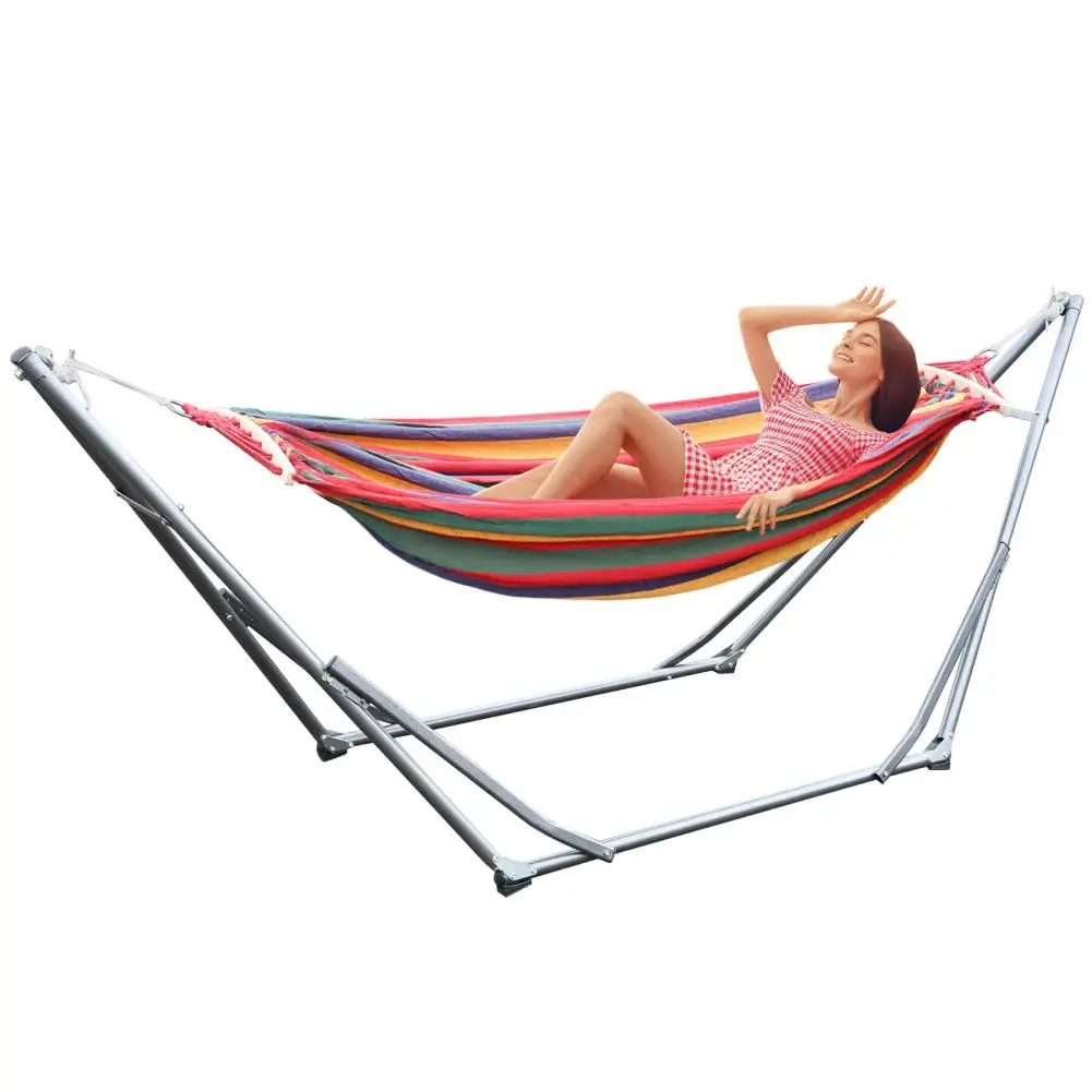 Double Hammock with Space Saving Metal Stand and Carrying Bag, Indoor Hammock Stand, Strong Load-Bearing, Striped Print,