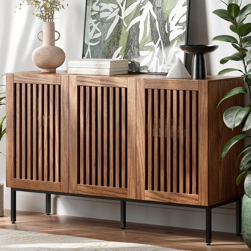 

Storage Cabinet,47.2" Farmhouse Buffet Cabinet with Metal Base and Adjustable Shelves,Sideboard Coffee Bar Cabinet with 3 Doors