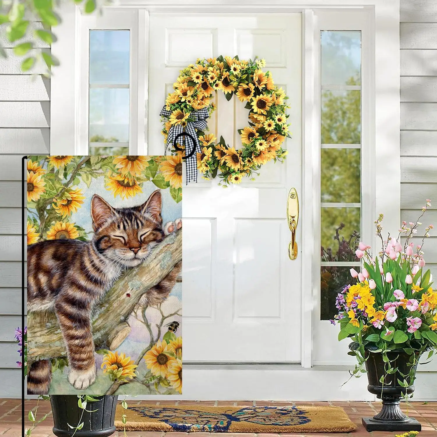 BLKWHT Summer Cat Garden Flag 12x18 Inches Double Sided for Outside, Sunflower Burlap Small Seasonal Yard Flag for Outdoor D WWP