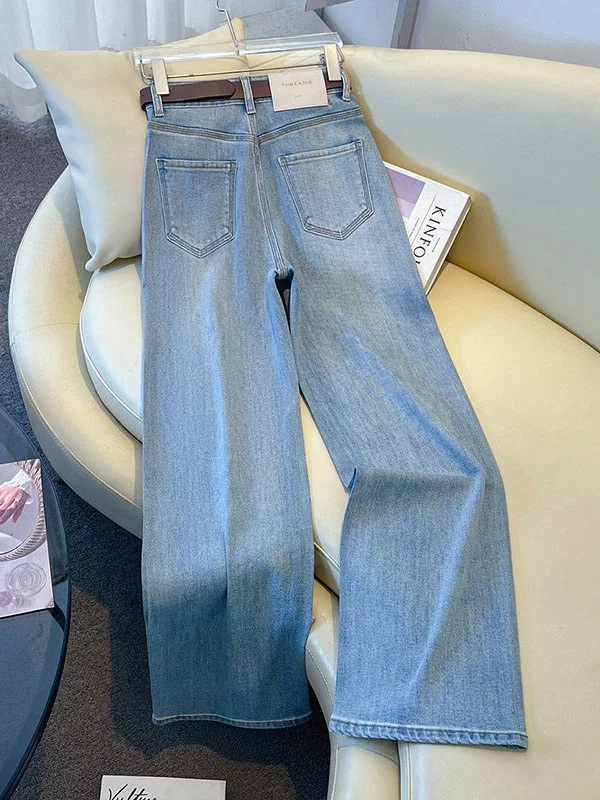 Light Blue Galaxy Rhinestone Straight Leg Jeans Women's Loose Narrow Version Shiny Casual Pants High Waist Zipper Closure