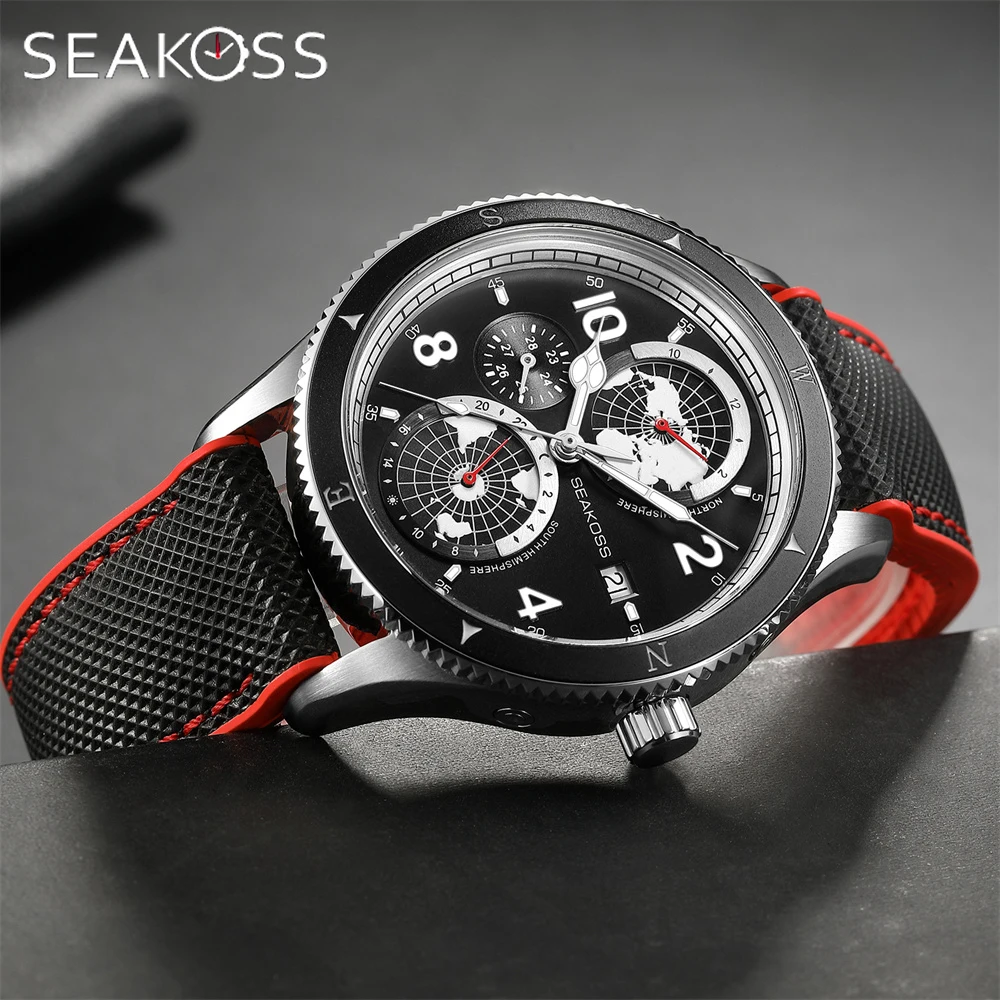 SEAKOSS Men\'s Diving Watch 1963 Earth Automatic Mechanical Watch Year Month 24Hours Display 100m Dive Super Luminous Wristwatch