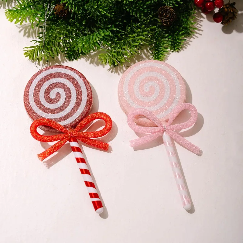 Christmas Decorative Supplies Artificial Colorful Candy Hanging Ornaments Matched with Pink Bows, Cute Decor for Christmas Tree