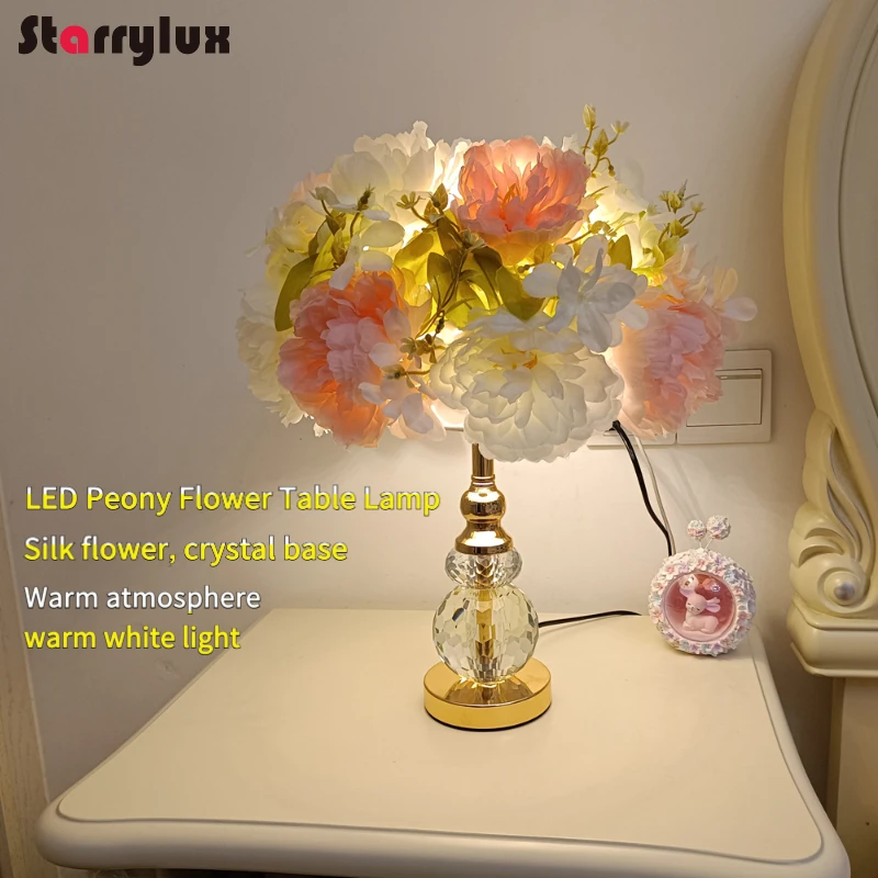 

Crystal LED Table Lamp with Silk Rose Flowers - Nordic Style Bedside Decor, Warm White Light