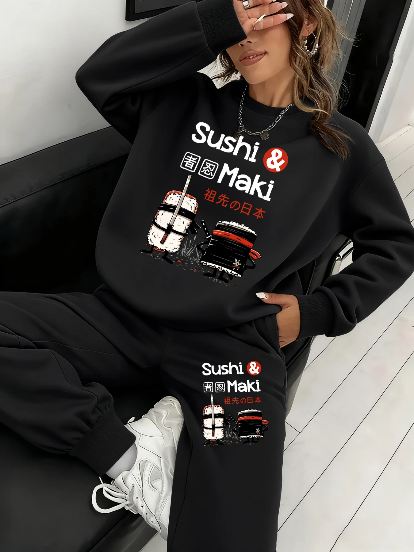 Japão comics ninja sushi impressão moletom conjunto feminino velo y2k pulôver all-match calças de outono unisex crewneck moletom