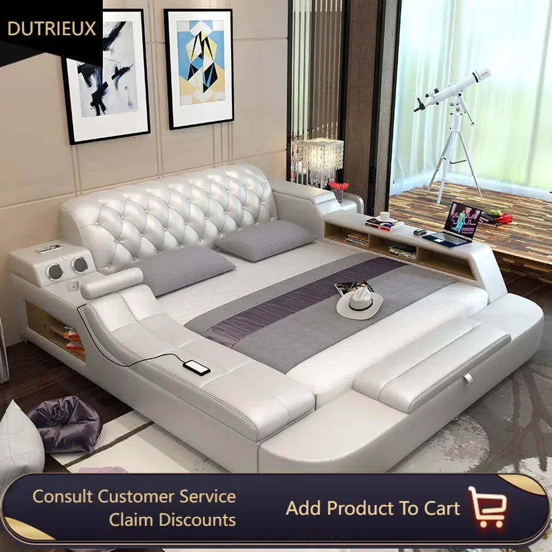 

Modern Headrest Double Bed White Italian Storage Massage Home Bed Smart Luxury Floor Cama Inteligente Multifuncional Furniture