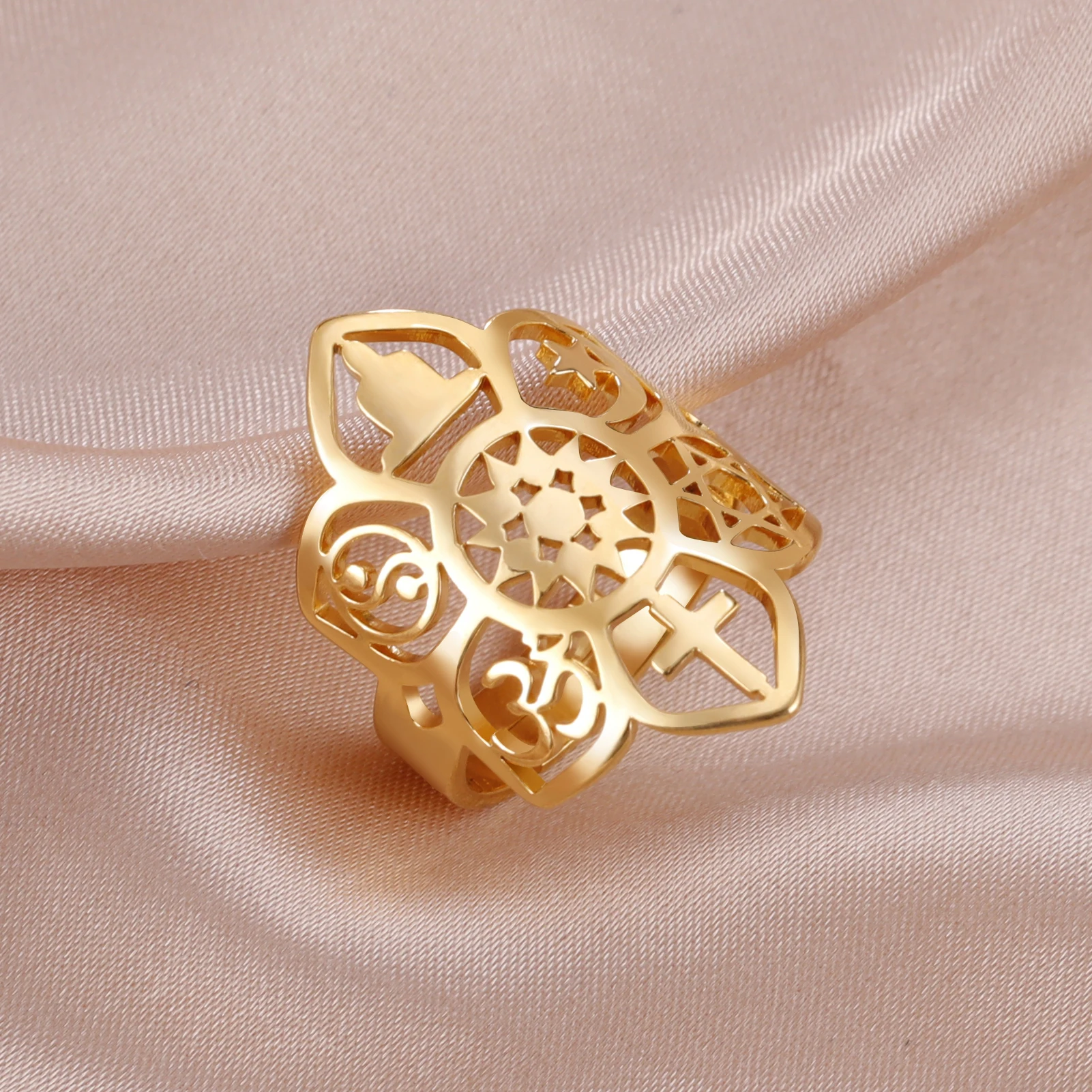 Dharma Wheel of Life Spiritual Lotus Flower Yoga Ring Adjustable Yin Yang Star Moon Cross Religious Protection Amulet Jewelry