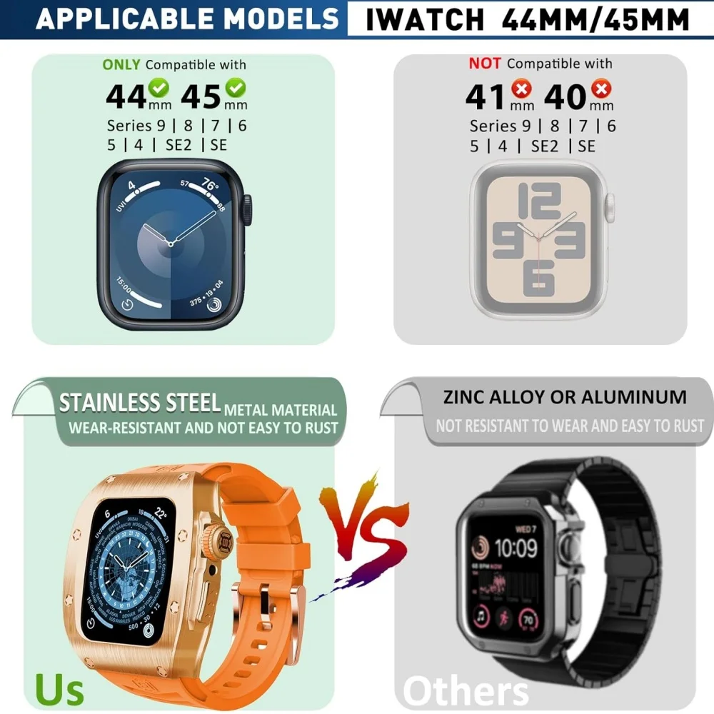 316 Stainless Steel Metal Case for Apple Watch 44mm 45mm Military Protective Bumper Cover for iWatch Bands Series 9/8/7/6/SE/5/4