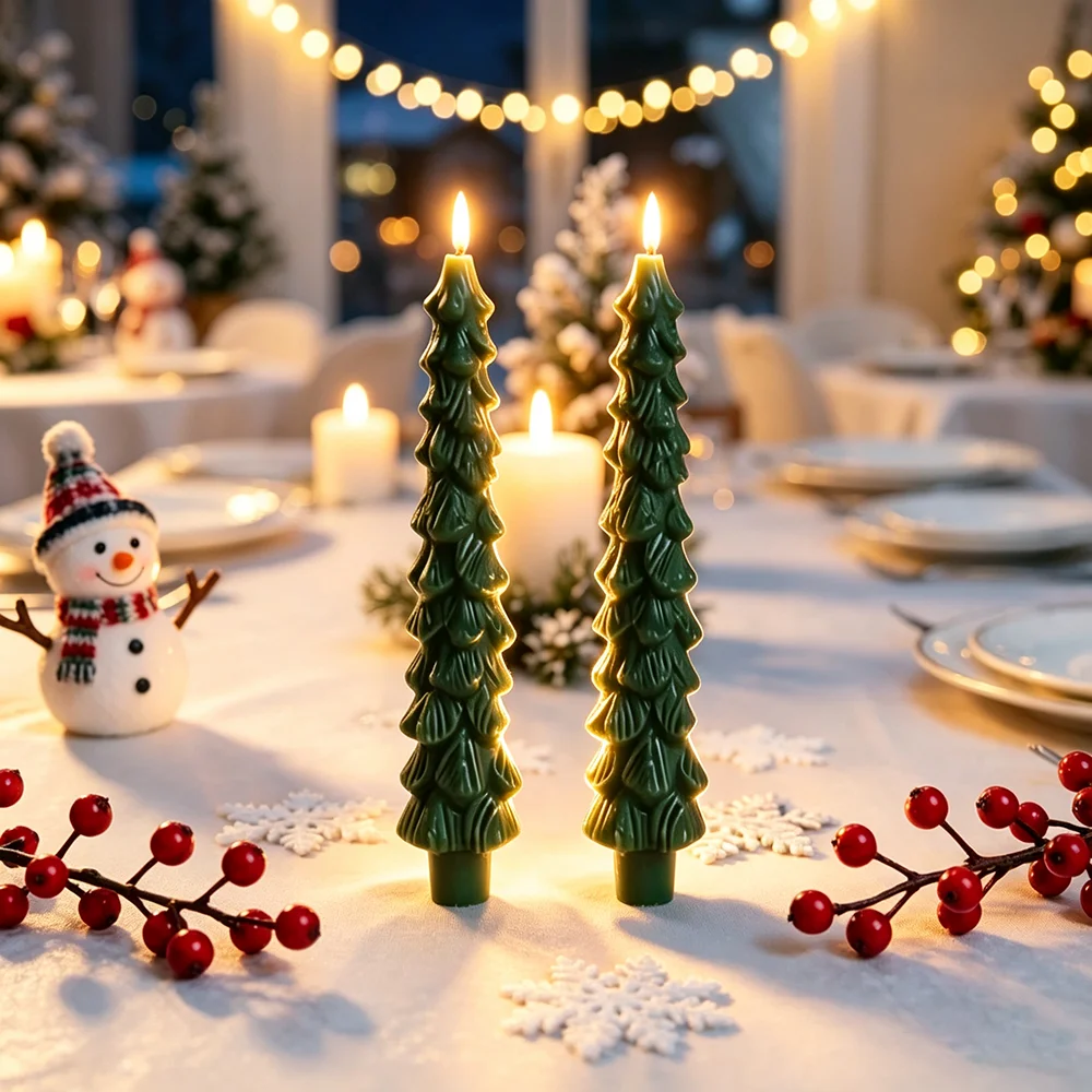 2pcs/4pcs Christmas Tree LED Flameless Candles Light with 3D Flame Wick Green LED Candlestick  Operated for Christmas Home Decor