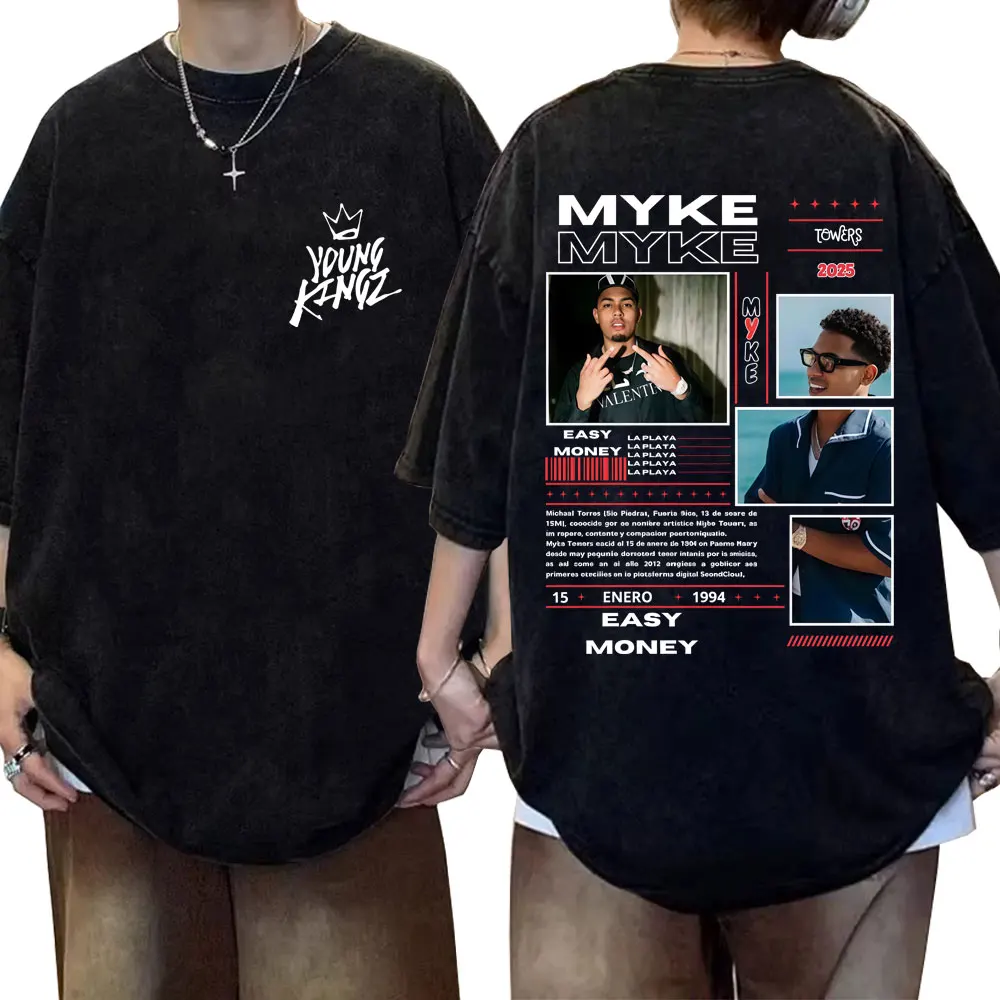 

Washed Vintage Rapper Myke Towers 2025 T-shirt Men Women Hip Hop Oversized Short Sleeve T Shirts Male Fashion Casual T-shirts