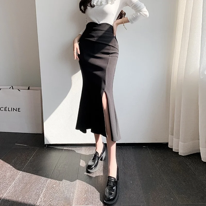 Gonna longuette elastica a vita alta da donna 2025 Nuova estate Faion Slim Fit Fi Tail Gonna a trapezio Busin Casual Fibra di poliestere