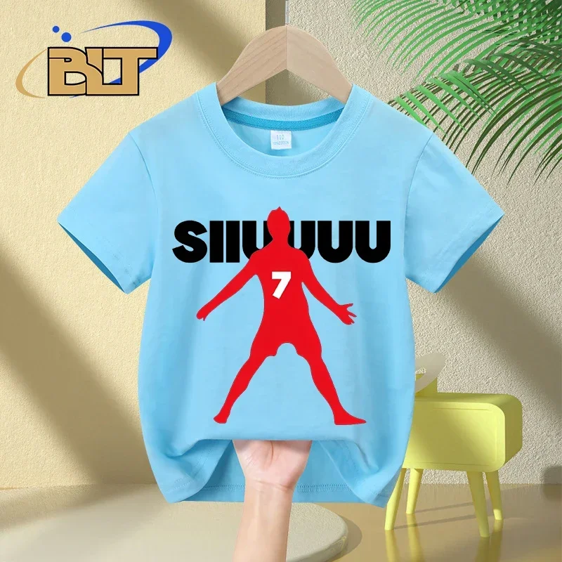 siuuu Ronaldo printed T-Shirt children's summer pure cotton short-sleeved casual tops boys and girls gifts