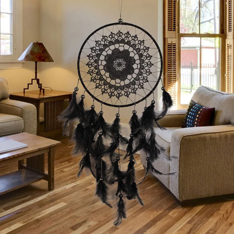 

Handmade Plum Blossom Black Dreamcatcher Decorative Ornament for Bedroom Car Wall Hanging ABS Beads