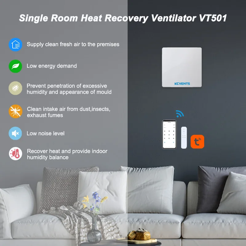 KCvents-VT501 Ventilador de ar fresco montado na parede com filtro cerâmico Hepa, sistema de ventilação, dispositivo de ventilação, recuperação de calor, 6"