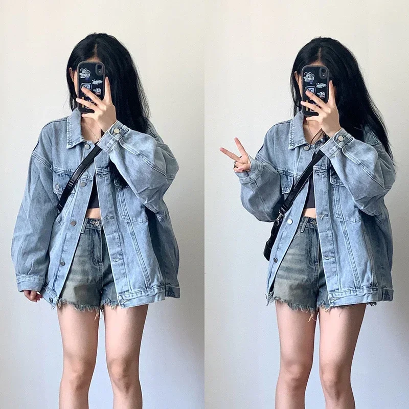 Korean Style Denim Jacket Women 2025 spring New Long Sleeve Blue Coats Woman Retro Turn Down Collar Loose Jean Jacket Female