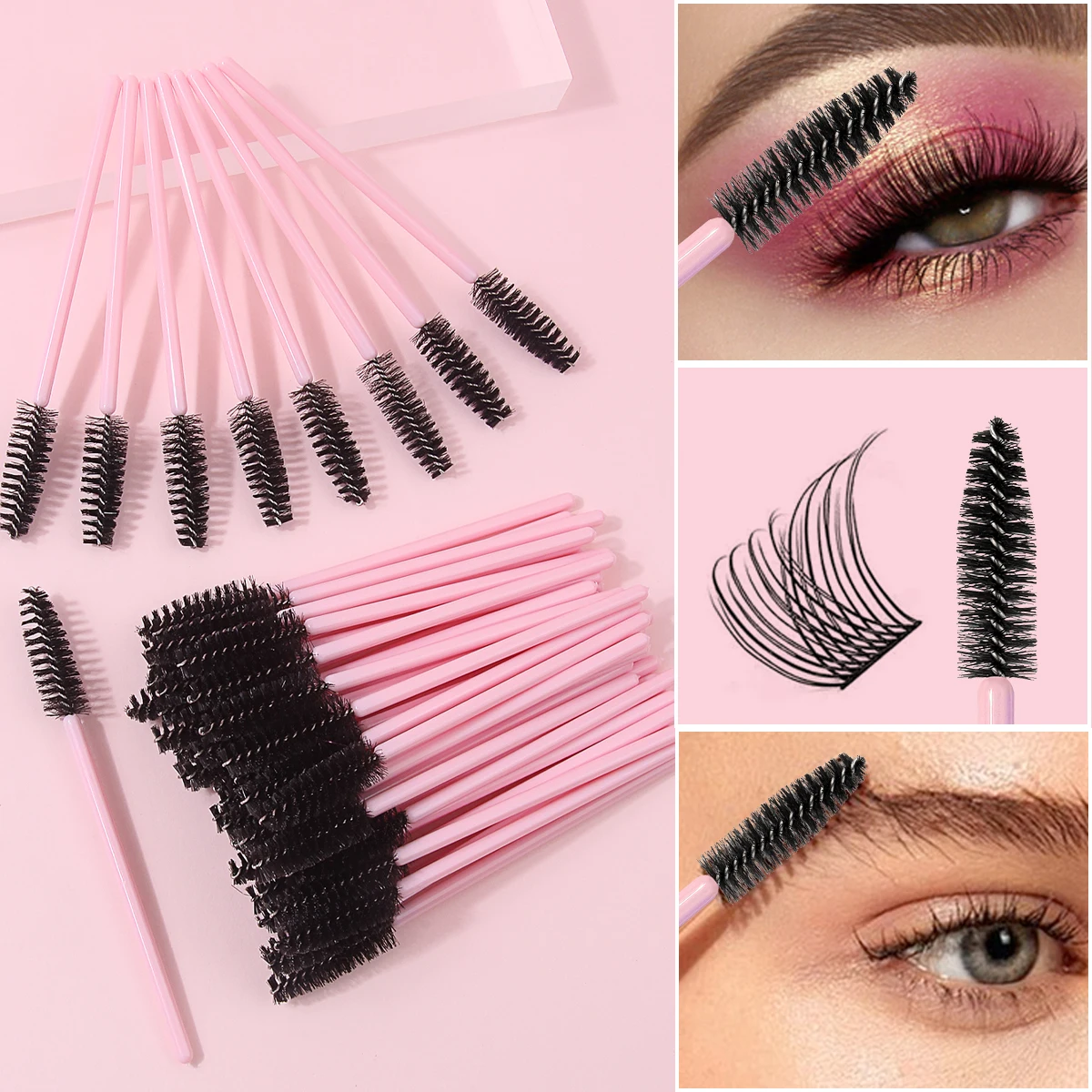 Cepillos Reutilizables para Rímel, 50 Unidades, Mango Rosa, Cepillos para Extensión de Pestañas, Aplicadores para el Cuidado de Pestañas y Cejas, Envío Gratis