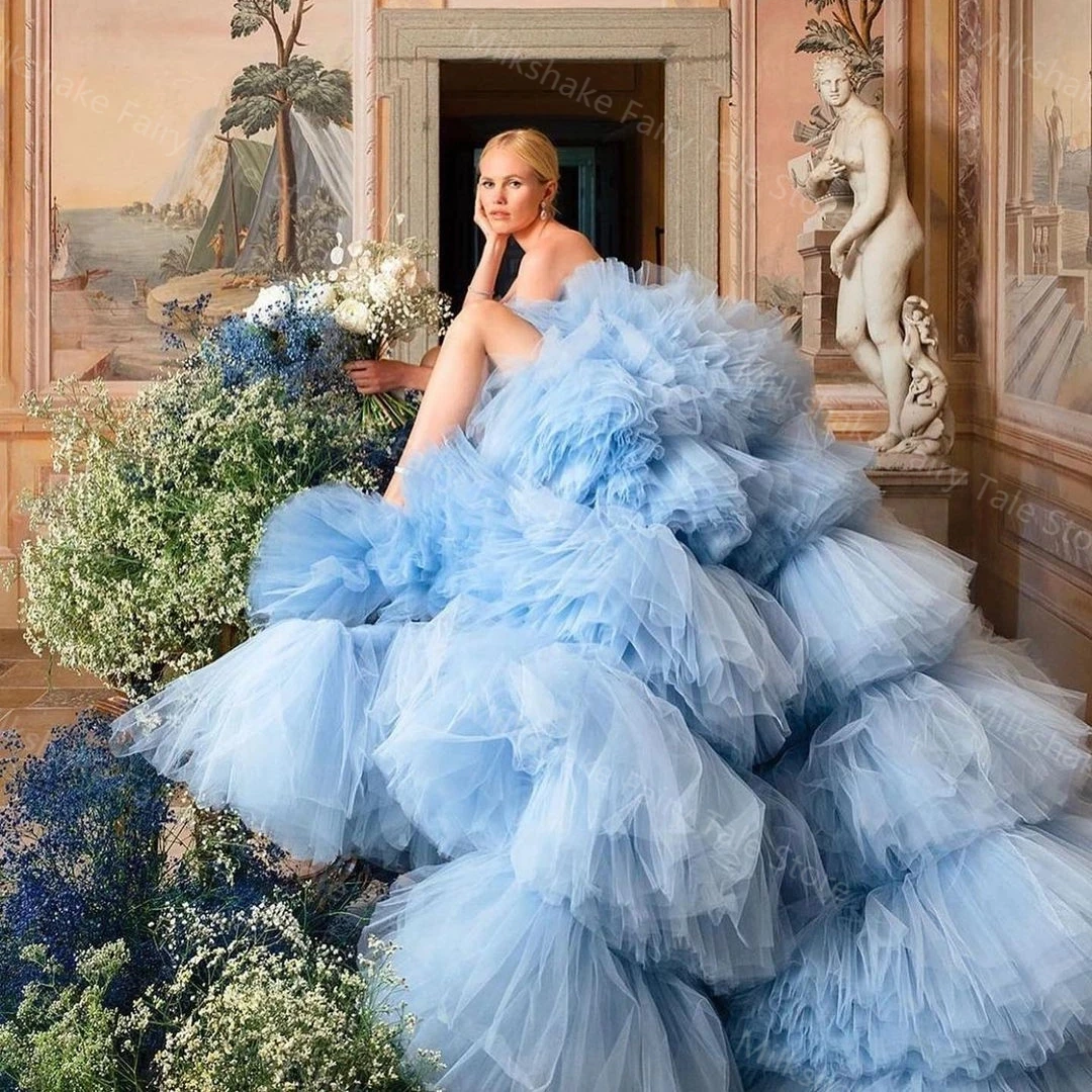 

Fairy Tale Blue Lush Colored Tulle Wedding Gowns Puffy Ruffles Tiered Tulle Ball Gowns Bridal Dress Corset Beaded Gowns