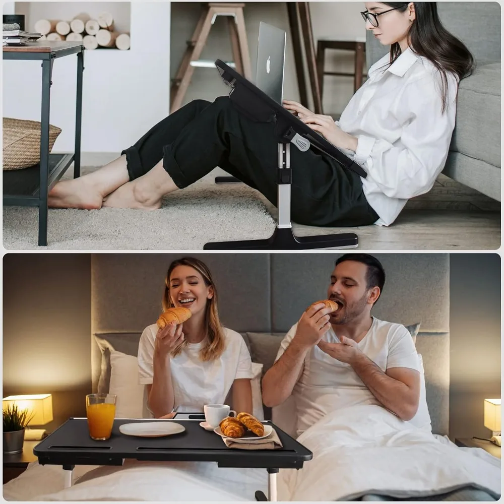 مكتب كمبيوتر محمول قابل للطي مع ارتفاع قابل للتعديل، وأدراج تخزين، وسطح جلدي لاستخدام السرير أو الأريكة #6