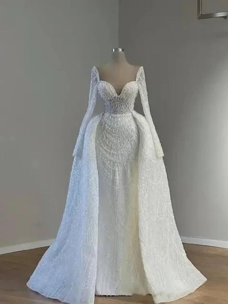 

Luxurious Sparkling Mermaid Lace Beads Women's Wedding Dress Sexy V-Neck Long Sleeve Detachable Ball Bridal Dress Customized