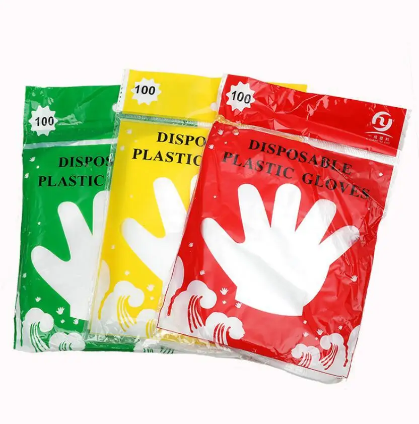 One Bag New Disposable Transparent PE Gloves Food Grade Sanitary Gloves One Colorful Bag With 90-100 PCS S1414