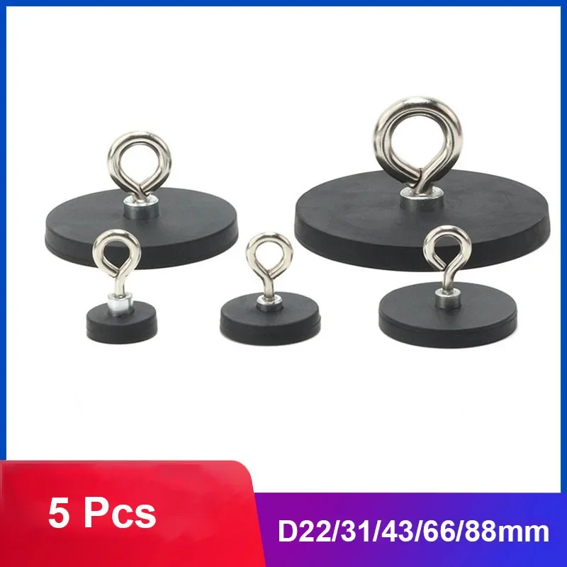 5Pcs D22/31/43/66/88mm Round Rubber-Coated Magnet Hook Strong Magnets Fishing Rubber Coated Lifting Ring Magnets Hooks