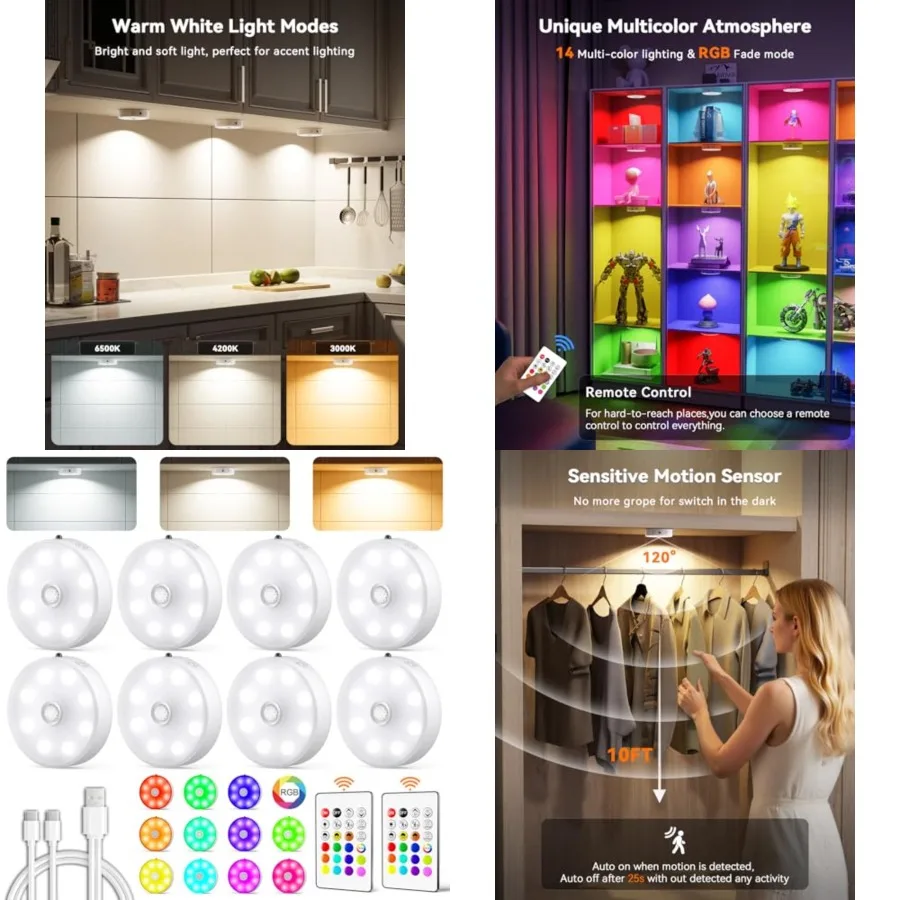

Puck Lights with Remote, Rechargeable Under Cabinet Lighting, 3 Color Temps, 12 RGB Color LED Motion Sensor Lights Wireless, Di