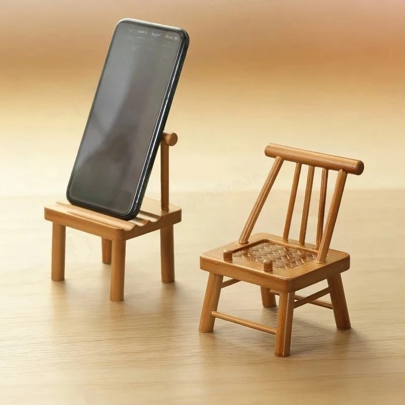 Retro Mini Bamboo Chair Phone Stand, Handmade Bamboo Craft Desktop Decor Holder Ornament