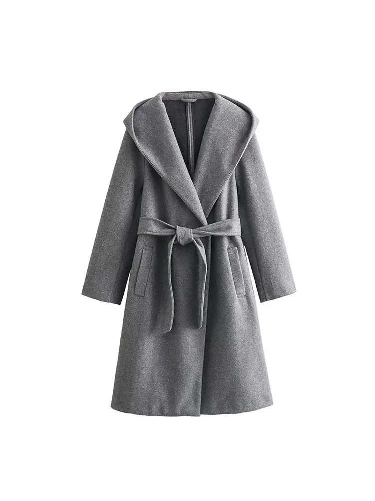 Willshela Women Fashion With Belt Solid Long Trench Coats Vintage Hodded Neck Full Sleeves Female Chic Lady Outfits