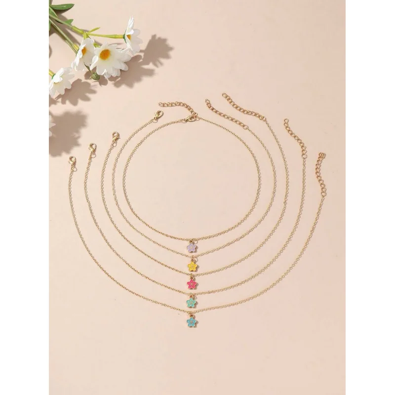 5pcs Alloy Sakura Necklace for Girls with Oil Drip Effect, Delicate Cherry Blossom Jewelry for Daily Wear