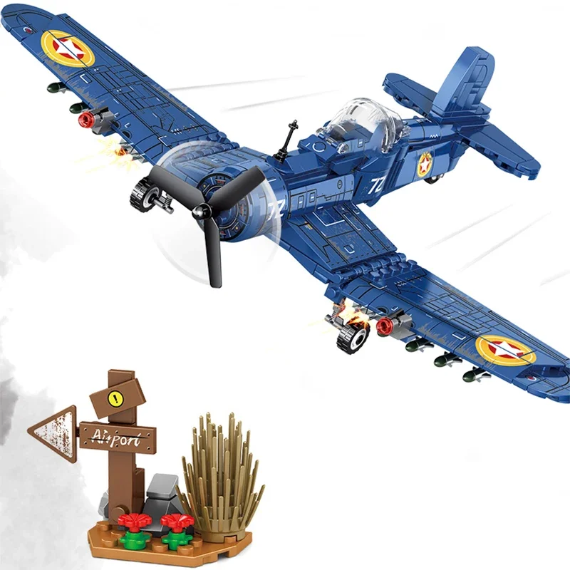 WW2 Military F4U Fighter Technical Bomber Model Building Blocks Attack Aircraft Helicopter Bricks Toys Festival Gift for Boys