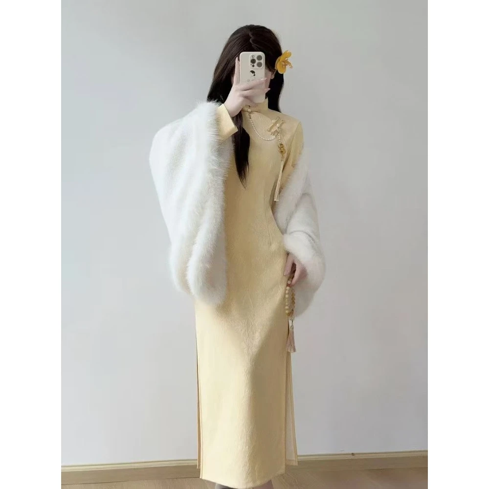 

Spring Long Sleeve Qipao 2025, Modern Cheongsam Dress, Slim Fit Elegant Chinese Style Gown Oriental Long Sleeve Dress