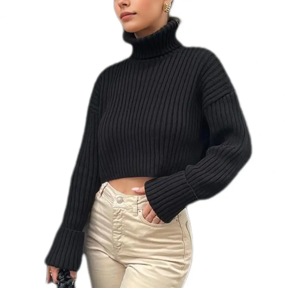 2024 Women Sweater High Collar Flared Long Sleeve Short Knitting Tops Loose Ribbed Knitwear