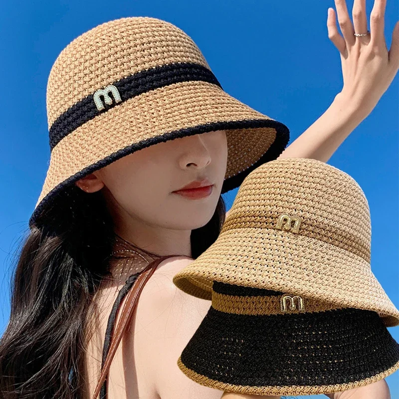 2024 Outdoor Spring Beach Hat Summer Foldable Straw Crochet Bucket Hat Women Sunscreen Fisherman Hat Fashion Holiday Travel Gift