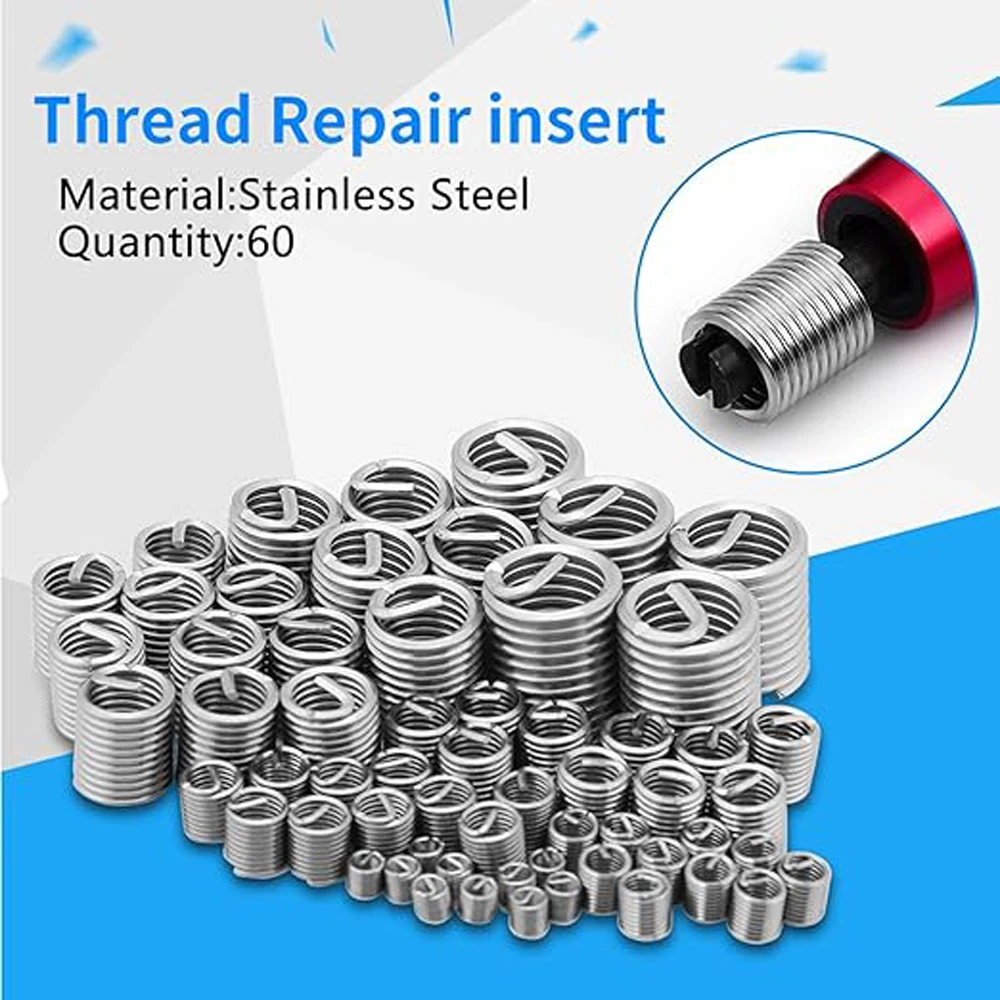 60Pcs Wire Thread Coiled Helicoil Wire Inner Thread 304 Stainless Steel Helical Coiled Wire Repair Threaded Sleeve  M3-M12