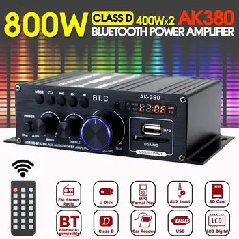 AK380 800W 블루투스 앰프, 하이파이 오디오 가라오케, 2 채널 홈 시어터 앰프, 파워 클래스 D 앰프, USB SD AUX 입력