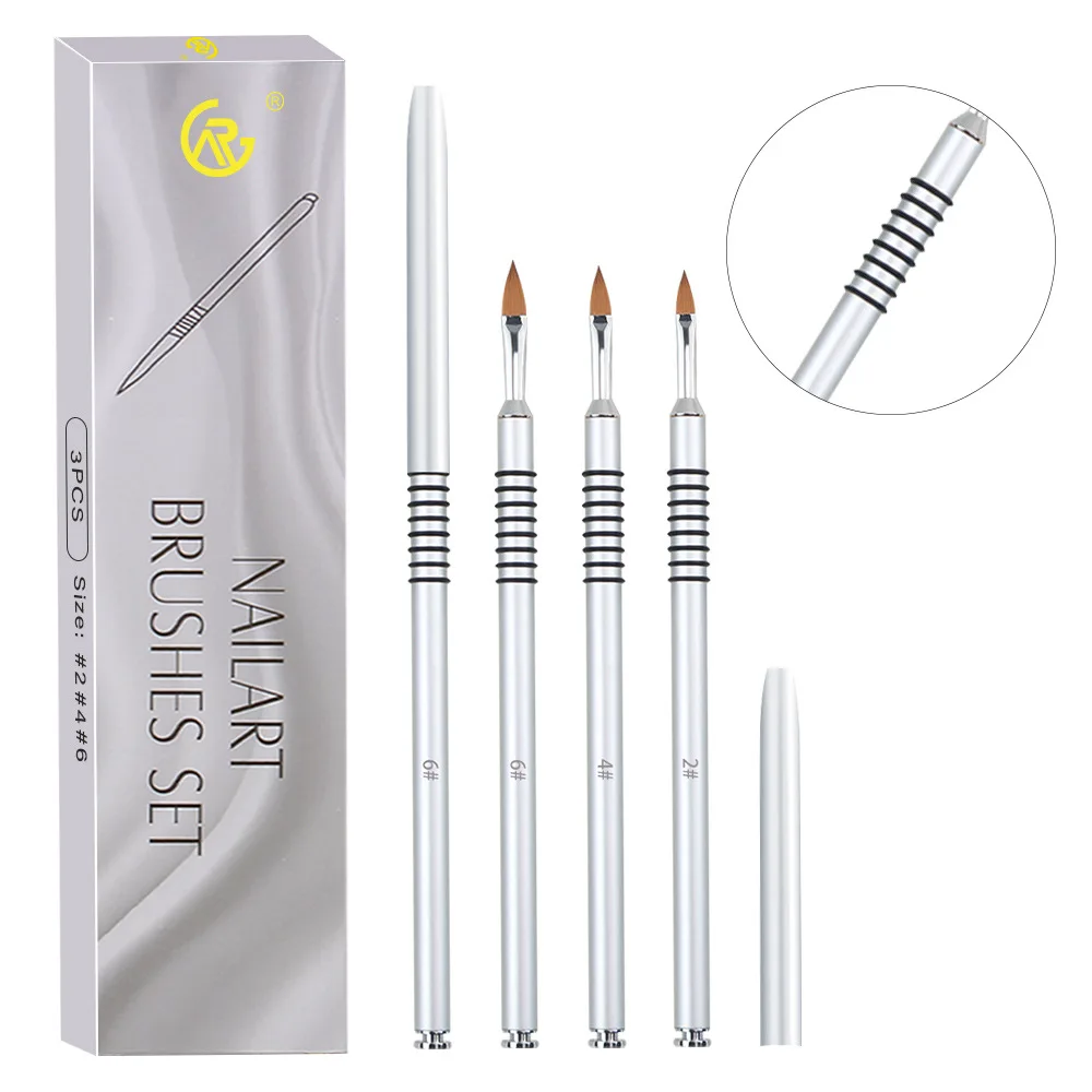 8-Ring Anti-Slip Nail Carving Brushes - Metal Threaded Handle Crystal Pens for 3D Art, Complete Set in White Box