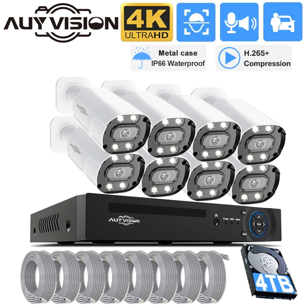 4K H.256+ 8CH 8MP POE Face/Human/Car Detection Security System POE NVR Kit CCTV 2-Way Audio IP Camera P2P Video Surveillance Set